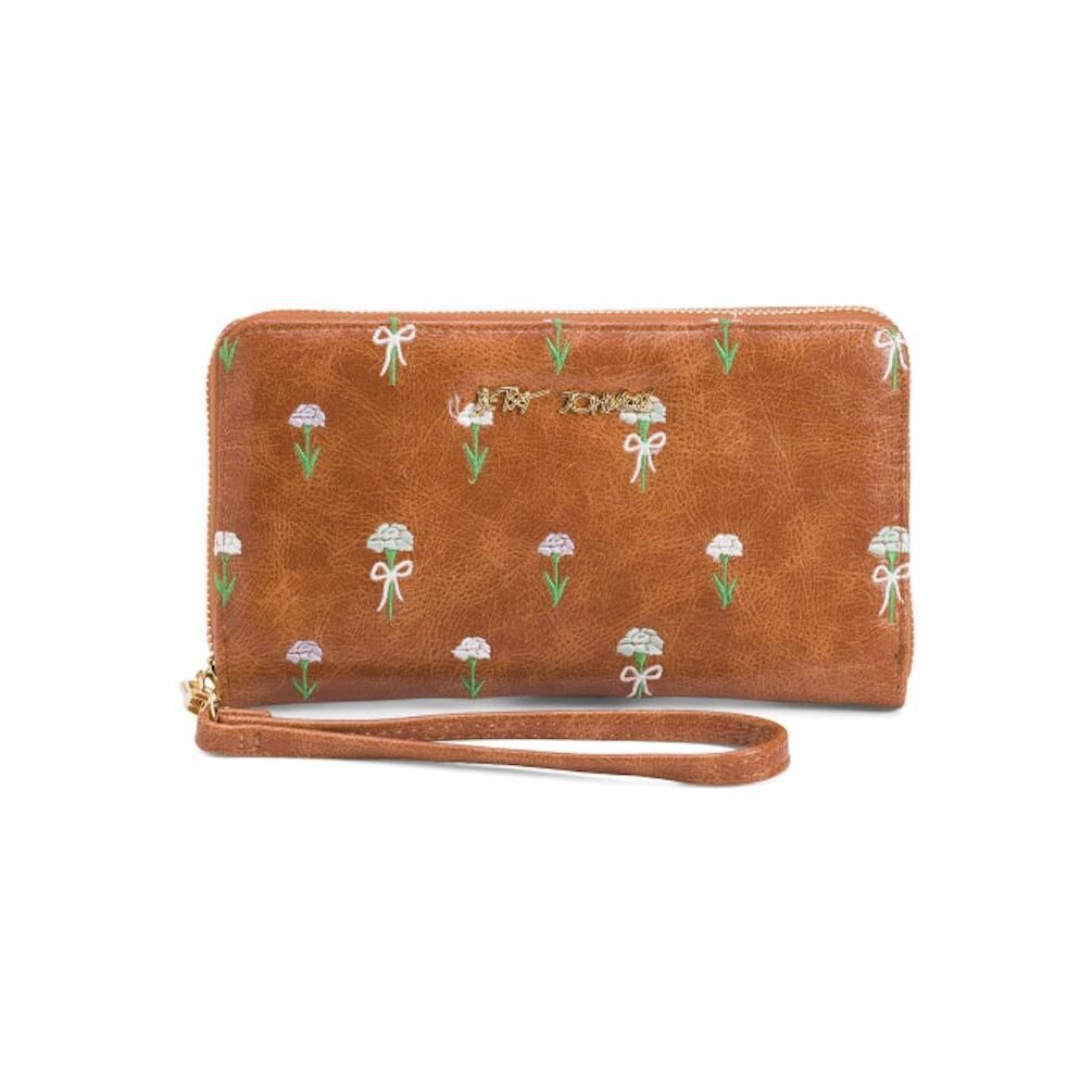 3769 Embroidered Floral Wallet, Tan, Zip Around With Wristlet Strap, 8.5x5